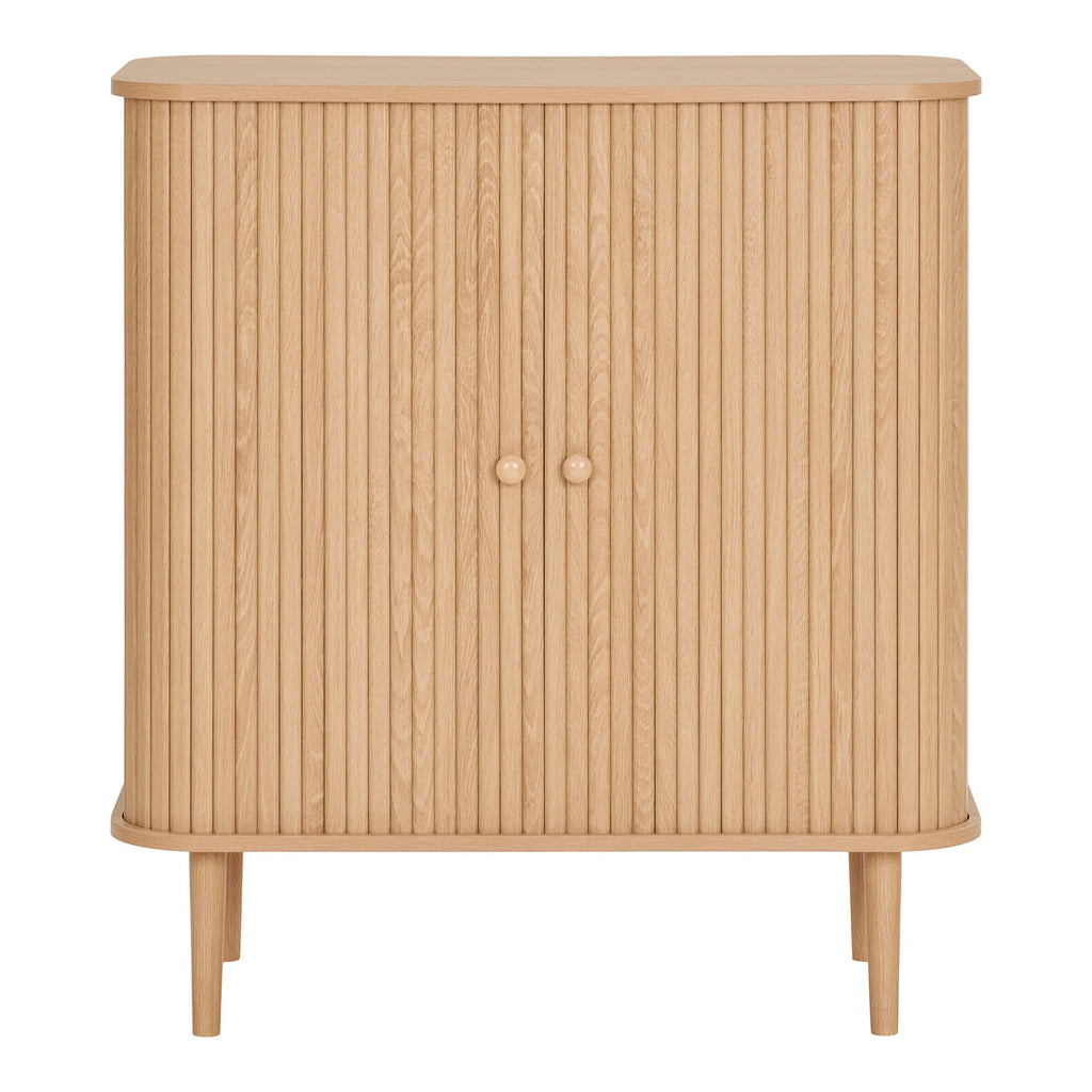 Petit buffet bas en bois naturel strié 2 portes coulissantes – 80x40 cm