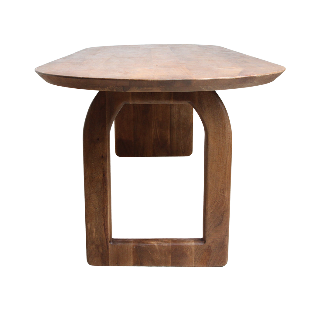 Table à manger bois mangue brun arrondi base mixte – 200x90 cm