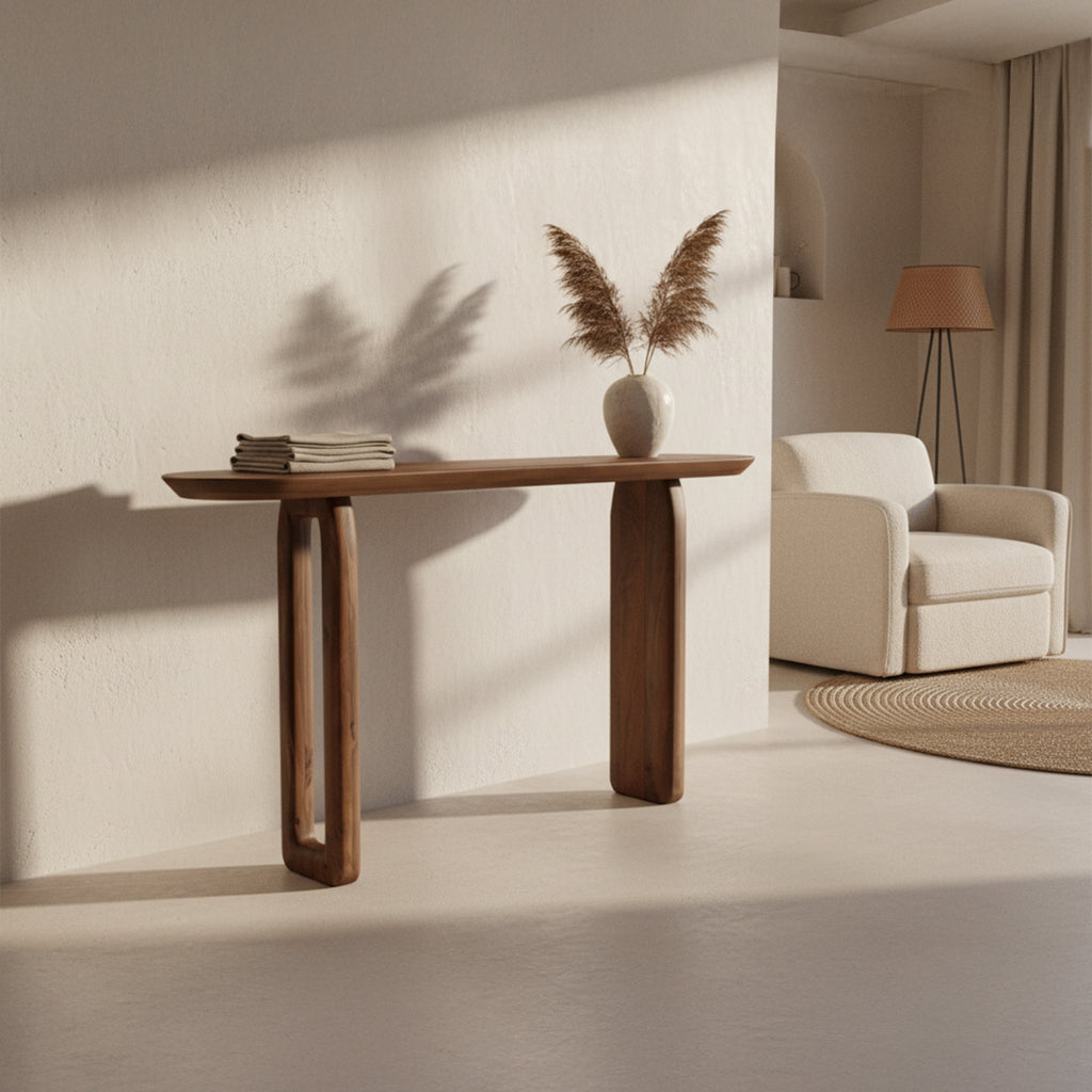 Console murale en bois de manguier brun pieds sculptés – 140x35 cm