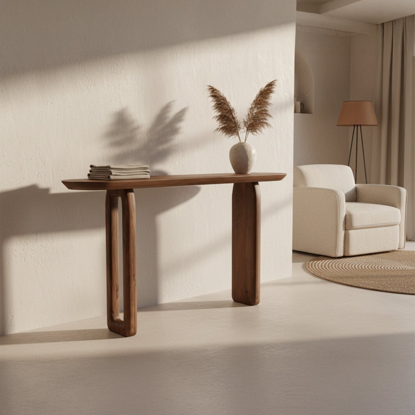 Console murale en bois de manguier brun pieds sculptés – 140x35 cm