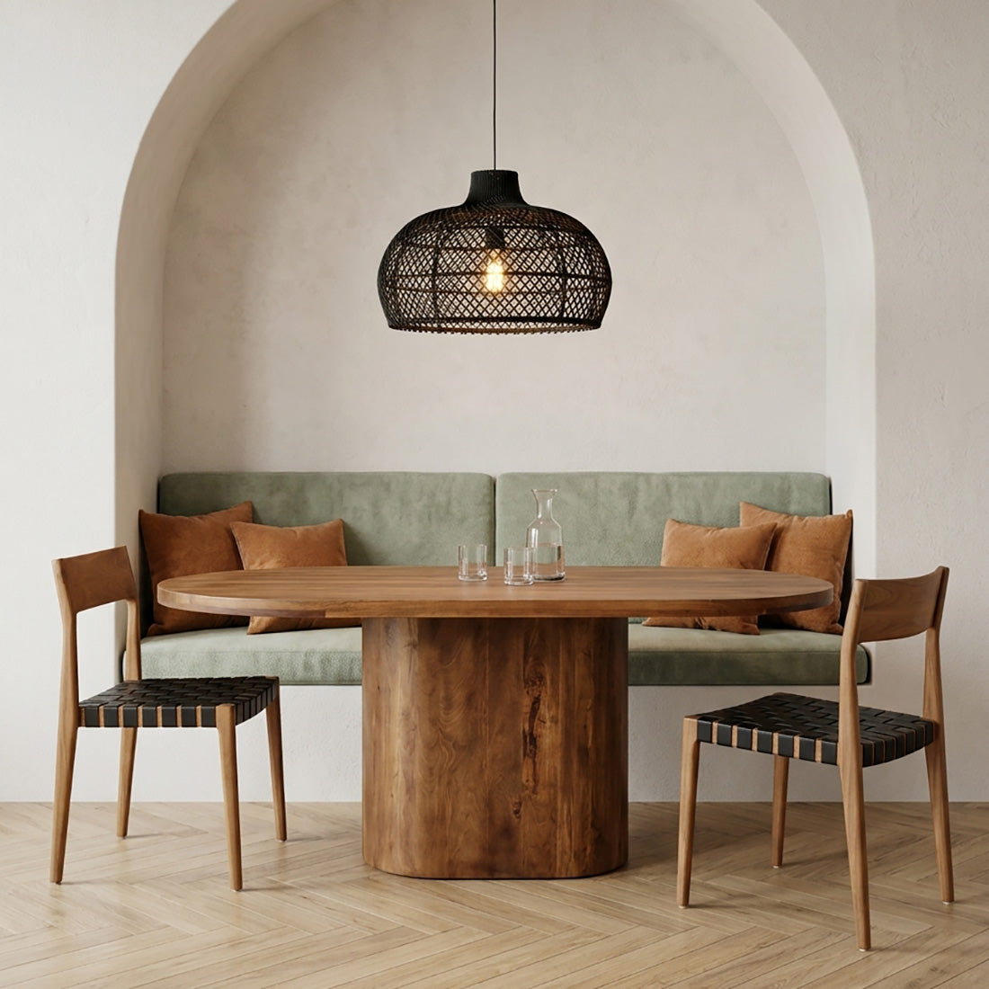 Table à manger ovale en bois de manguier brun pied central – 180x110 cm