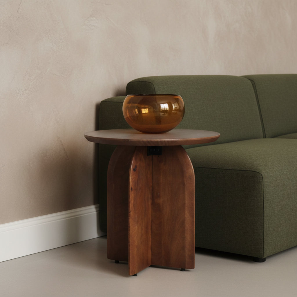Table d’appoint ronde en manguier brun piètement croisé – Ø50 cm