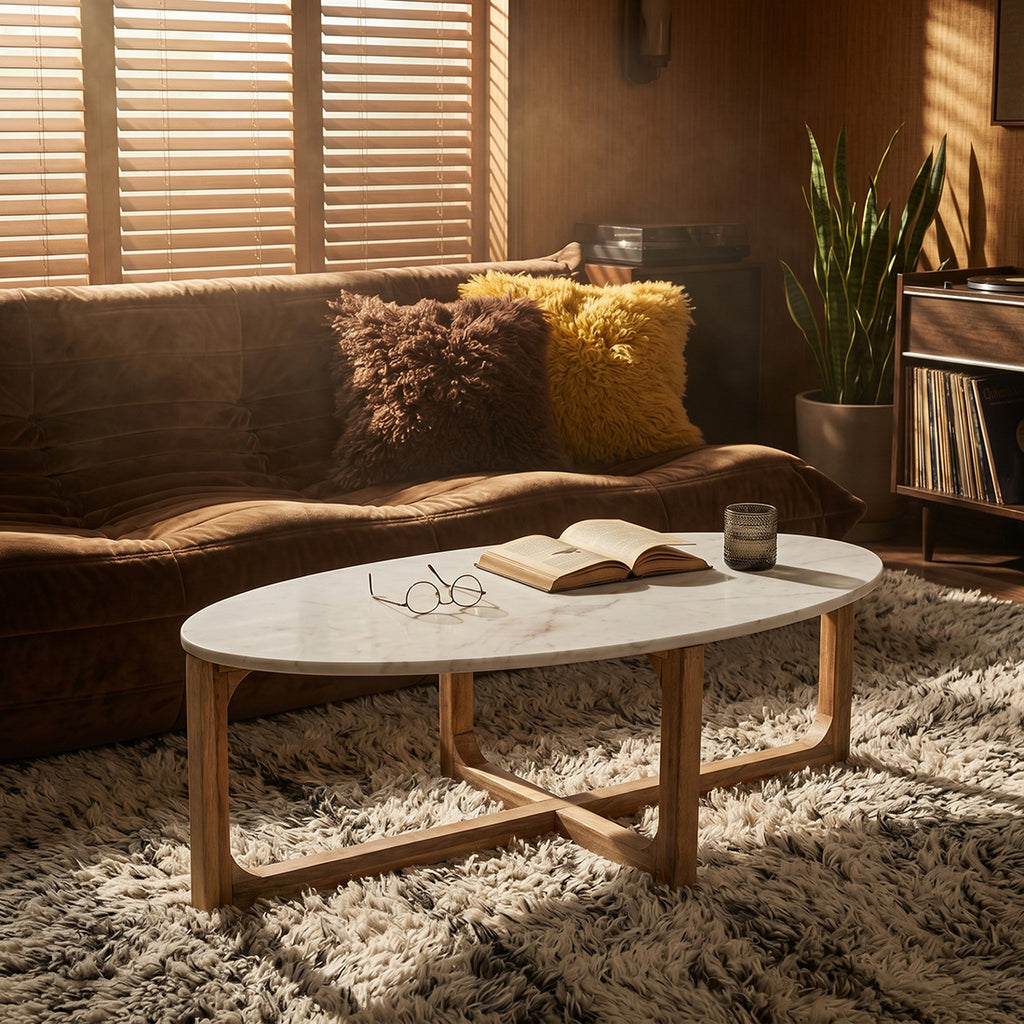 Table basse ovale en marbre blanc et bois de manguier – 120x60 cm