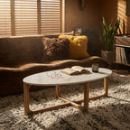 Table basse ovale en marbre blanc et bois de manguier – 120x60 cm