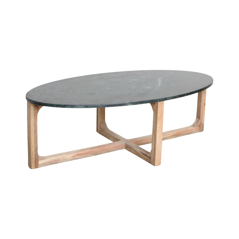 Table basse ovale en marbre noir et bois naturel – 120x60 cm
