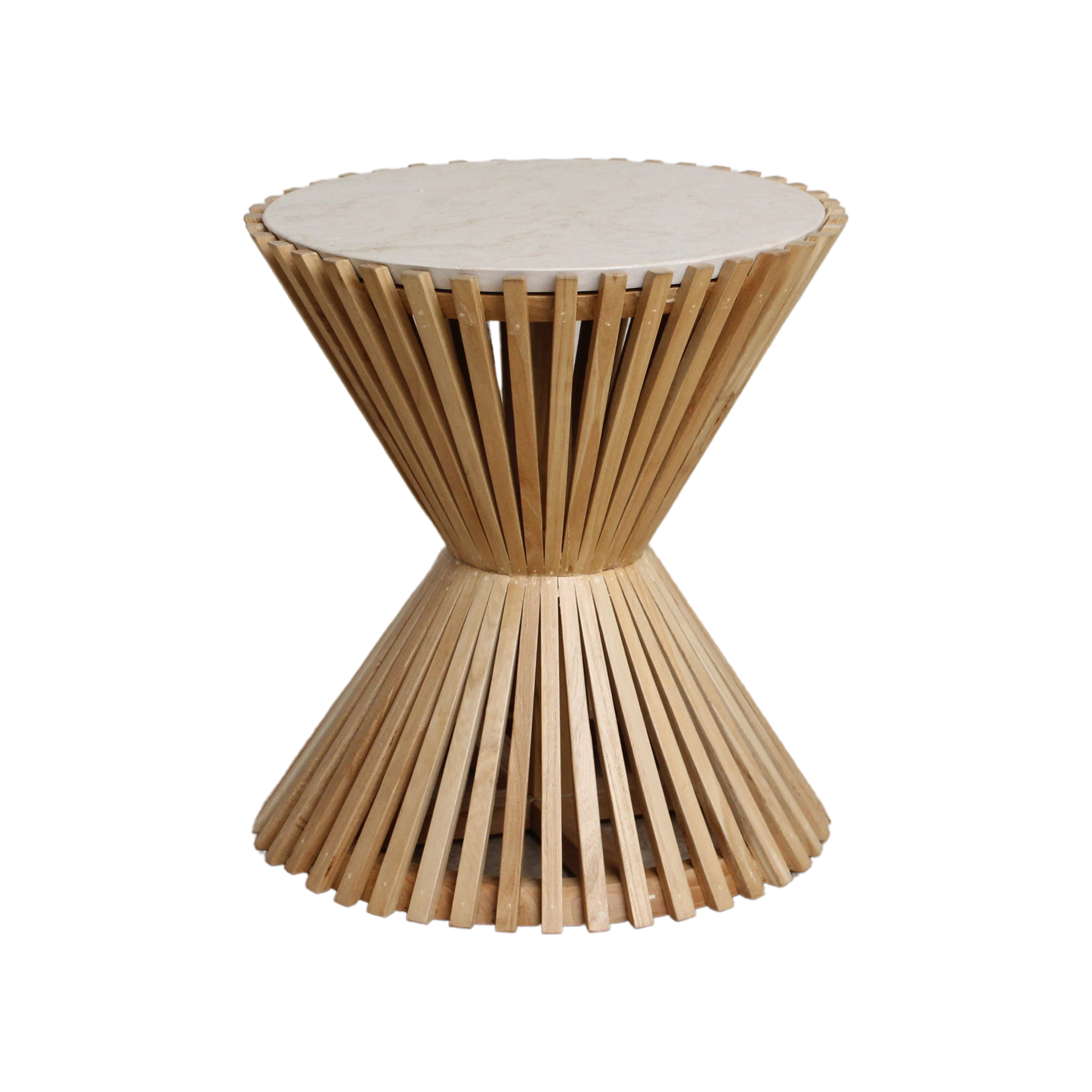 Guéridon rond en marbre clair base sablier en bois naturel – Ø46 cm