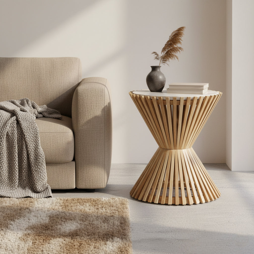 Guéridon rond en marbre clair base sablier en bois naturel – Ø46 cm