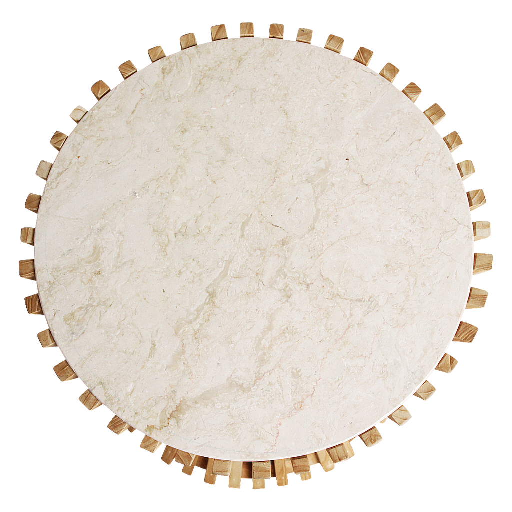 Guéridon rond en marbre clair base sablier en bois naturel – Ø46 cm