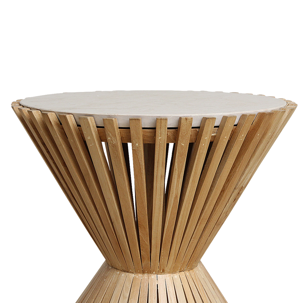 Guéridon rond en marbre clair base sablier en bois naturel – Ø46 cm