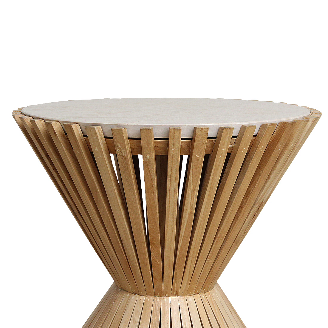 Guéridon rond en marbre clair base sablier en bois naturel – Ø46 cm