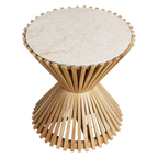 Guéridon rond en marbre clair base sablier en bois naturel – Ø46 cm