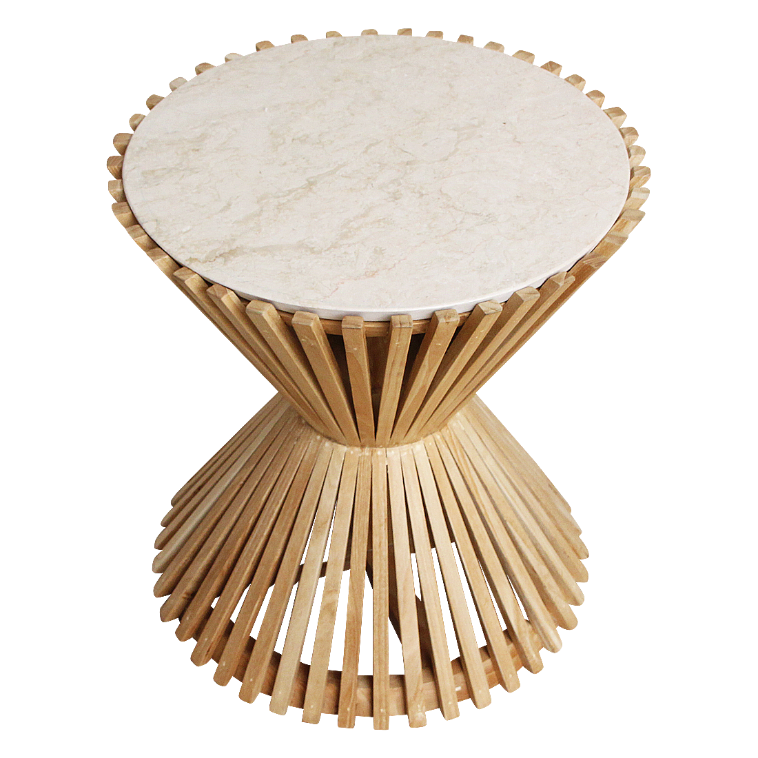 Guéridon rond en marbre clair base sablier en bois naturel – Ø46 cm