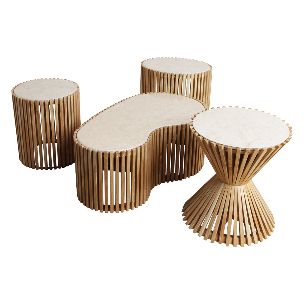 Guéridon rond en marbre clair base sablier en bois naturel – Ø46 cm