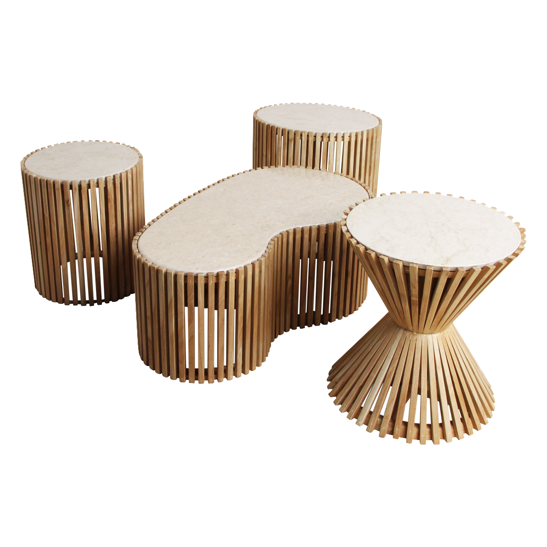 Guéridon rond en marbre clair base sablier en bois naturel – Ø46 cm