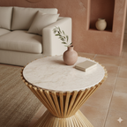 Guéridon rond en marbre clair base sablier en bois naturel – Ø46 cm