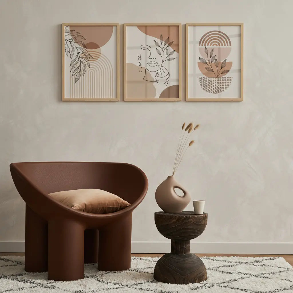 Tableaux abstraits dans un salon boho minimaliste