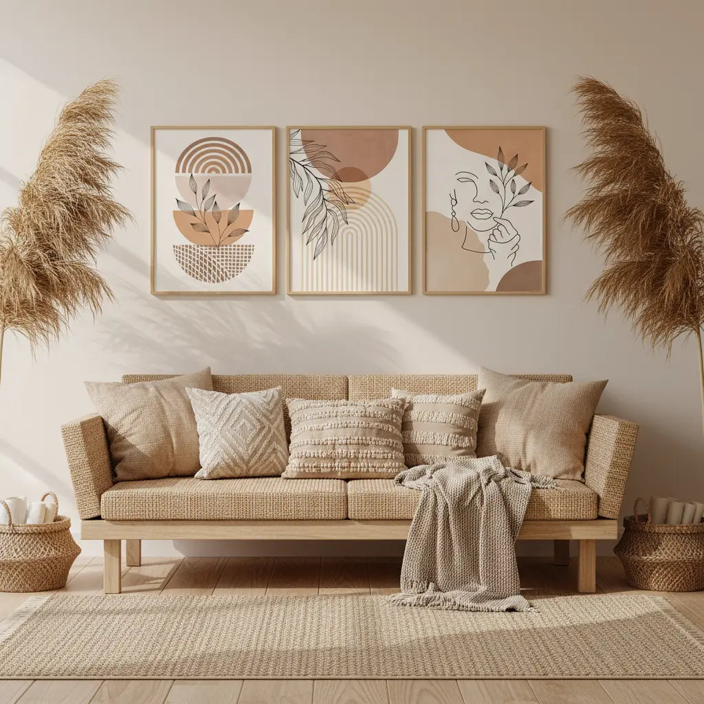 Tableau aux motifs abstraits et tons clairs dans un salon bohème chic