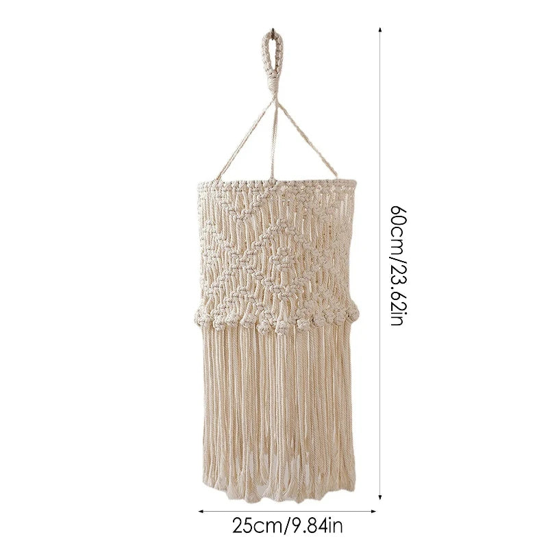 Vue avec les dimensions de l'abat-jour boho en coton tressé, 25 cm de diamètre et 60 cm de hauteur.