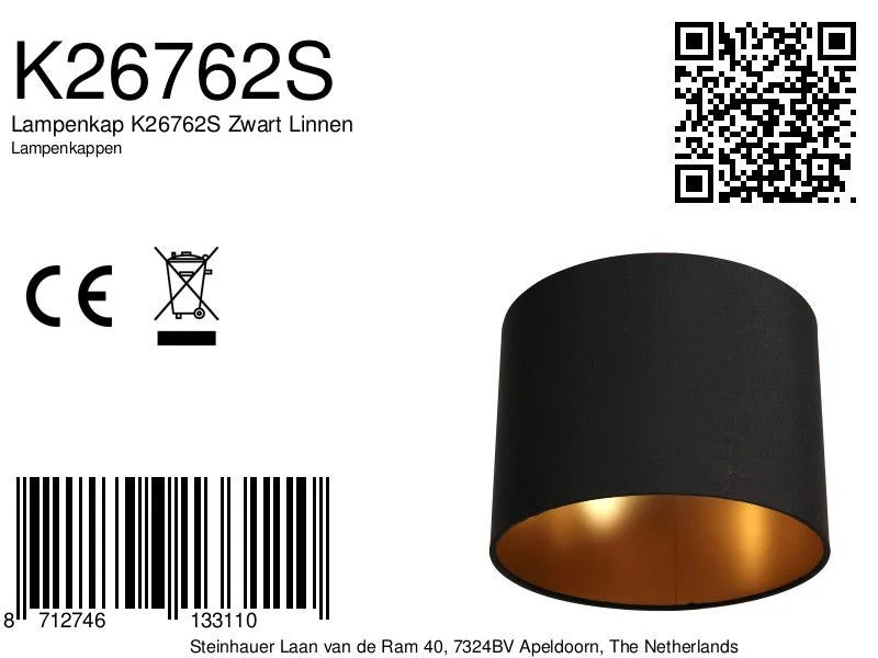 Abat-jour cylindrique en lin noir avec intérieur doré pour lampe E27 Ø20 cm