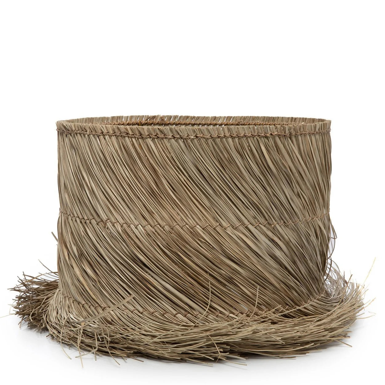 Panier cylindrique en paille tressée avec franges en sisal, H51 cm, abat-jour naturel