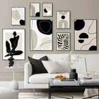 Affiche murale abstraite en toile beige et noire avec motif cercle et lignes