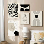 Murale d’art minimaliste avec prints abstraits en toile beige et noire avec motifs cercles et lignes