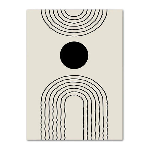 Impression d’art géométrique abstrait sur toile beige et noire avec motifs cercles et lignes
