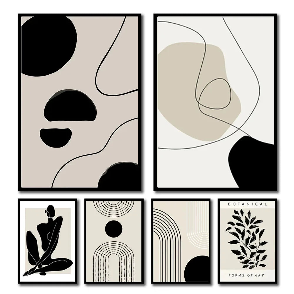 Impressions d’art abstrait encadré feuillage noir sur toile beige rectangulaire