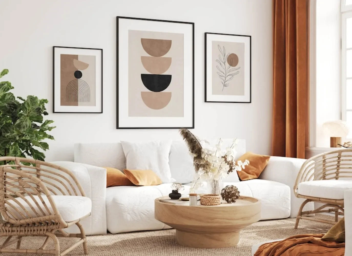 Intérieur de salon chaleureux avec affiche murale géométrique sur toile Set de 3