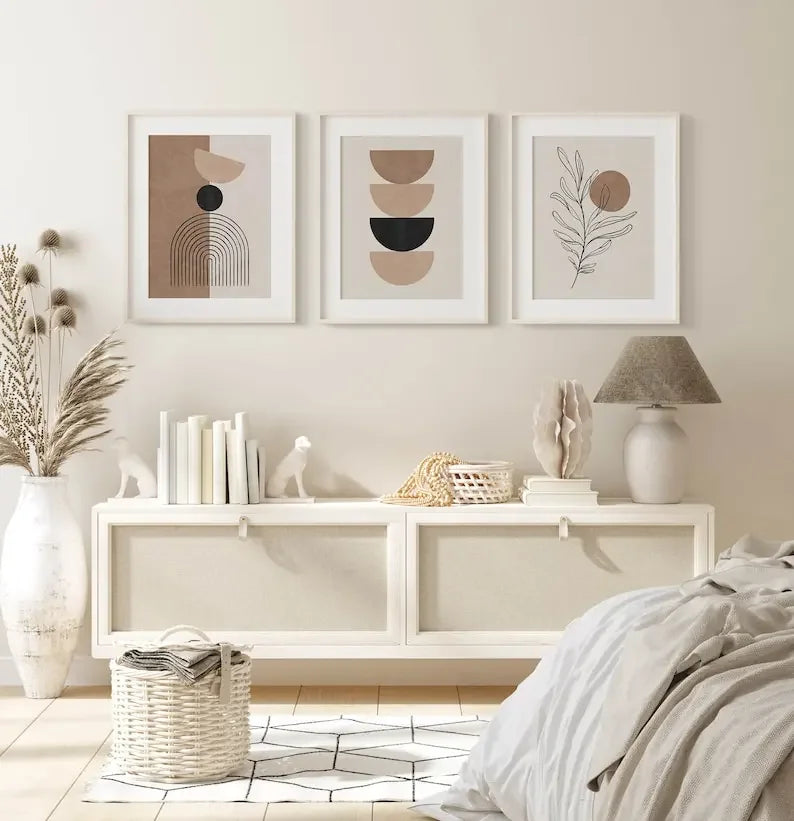 Décoration de chambre neutre avec affiche murale géométrique sur toile Set de 3