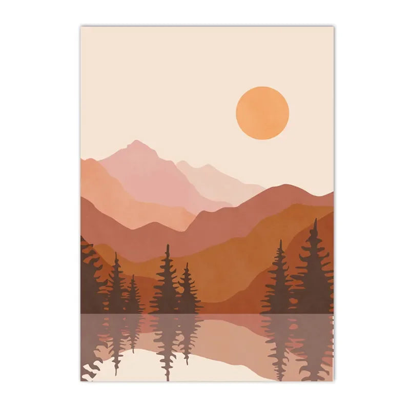 Art mural minimaliste de paysage de montagne coucher de soleil sur un lac