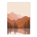 Affiche paysage montagne, sapins et lac en toile terracotta, art minimaliste nature