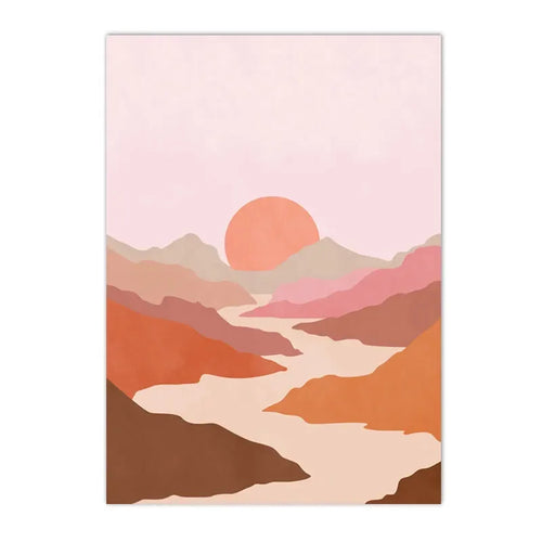 Impression dart de paysage abstrait avec montagnes ocres et ciel rose sur toile
