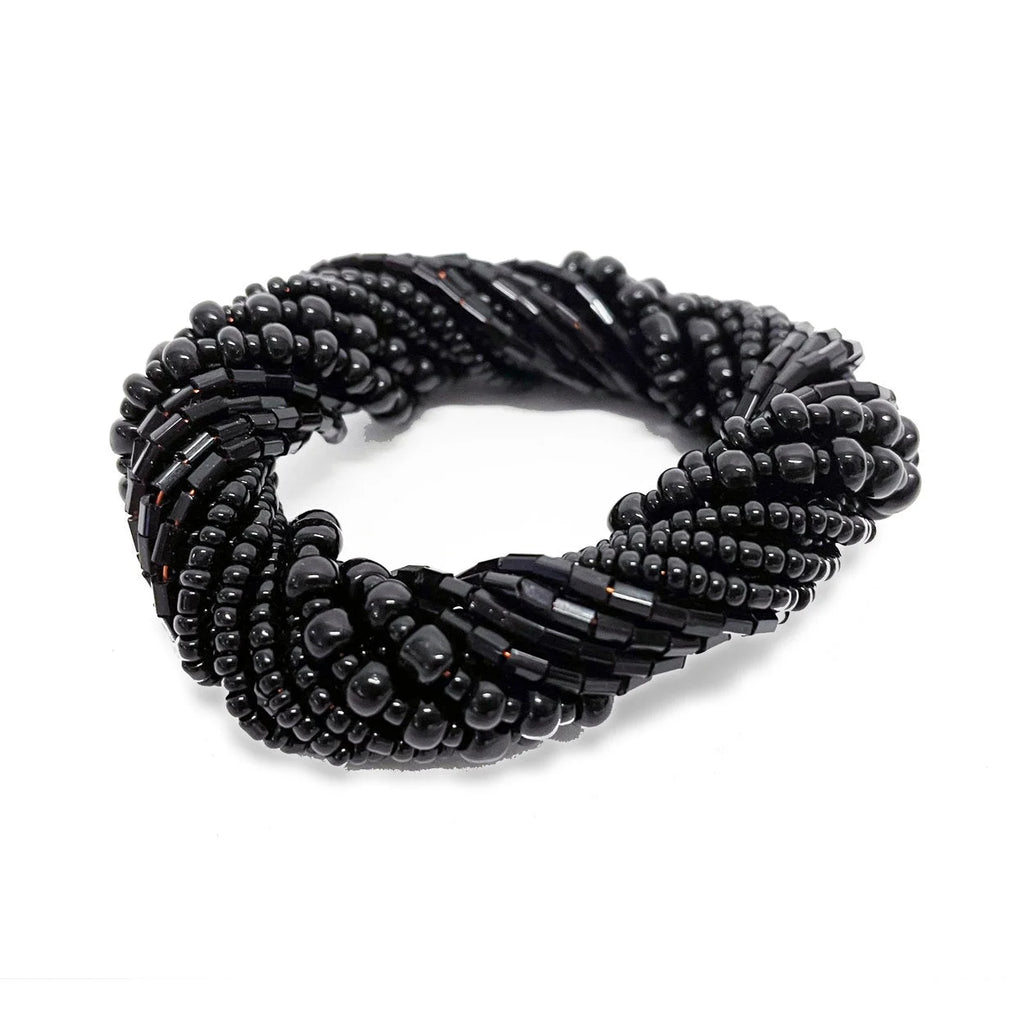 Bracelet perlé noir torsadé avec perles rondes et facettées