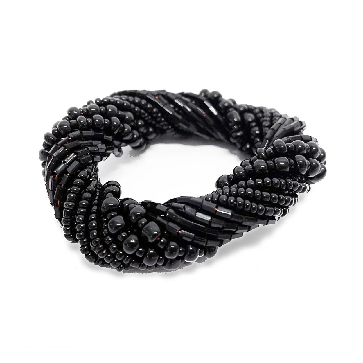 Bracelet perlé noir torsadé avec perles rondes et facettées
