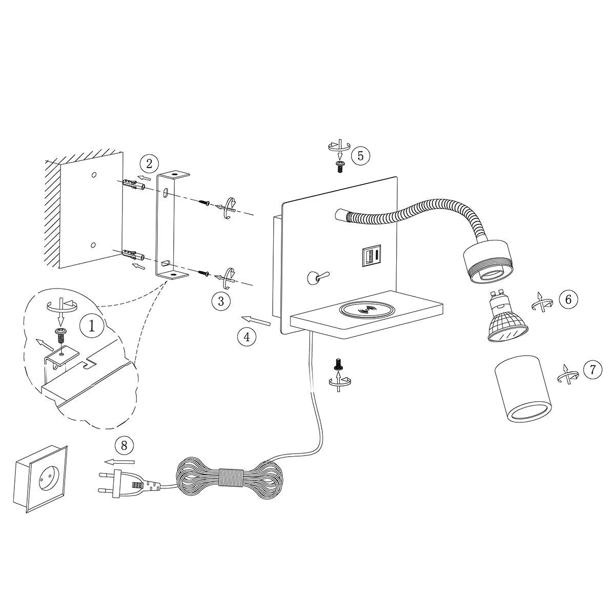 Étagère murale en acier avec lampe flexible et instructions d’assemblage pour chambre