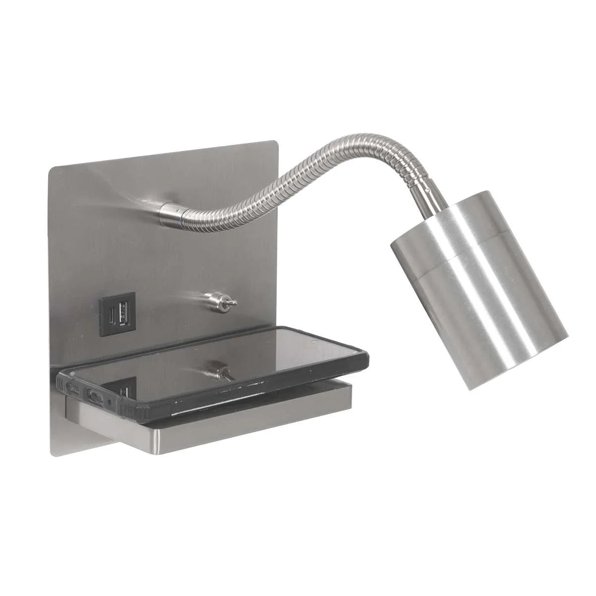 Applique murale en acier avec étagère, chargeur sans fil et ports USB pour chambre