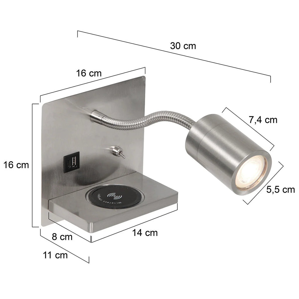 Lampadaire mural en acier avec chargeur sans fil et ports USB pour chambre