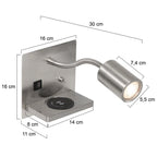 Lampadaire mural en acier avec chargeur sans fil et ports USB pour chambre