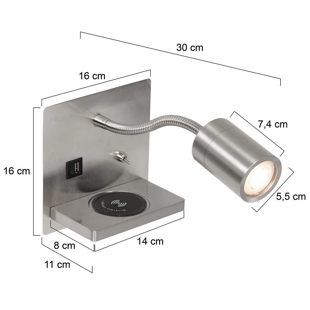 Lampadaire mural en acier avec chargeur sans fil et ports USB pour chambre