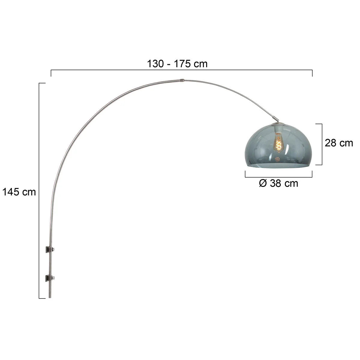 Lampe arc en métal brossé avec abat-jour gris fumé, diamètre 38 cm