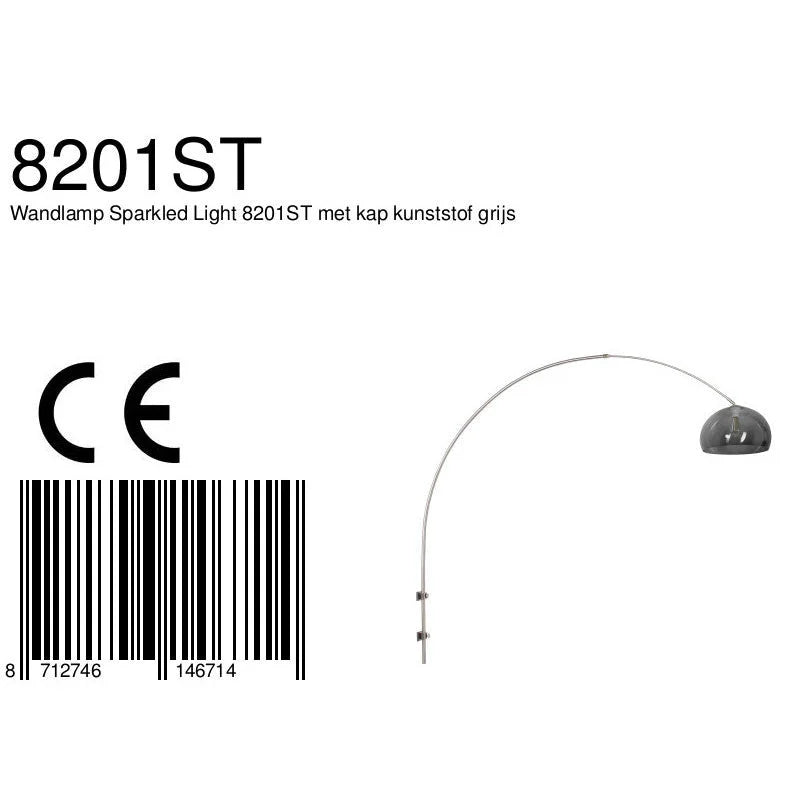 Lampe arc en métal brossé avec abat-jour gris fumé, diamètre 38 cm