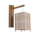 Applique murale en bambou carré, vue éteinte, avec support en bois naturel.