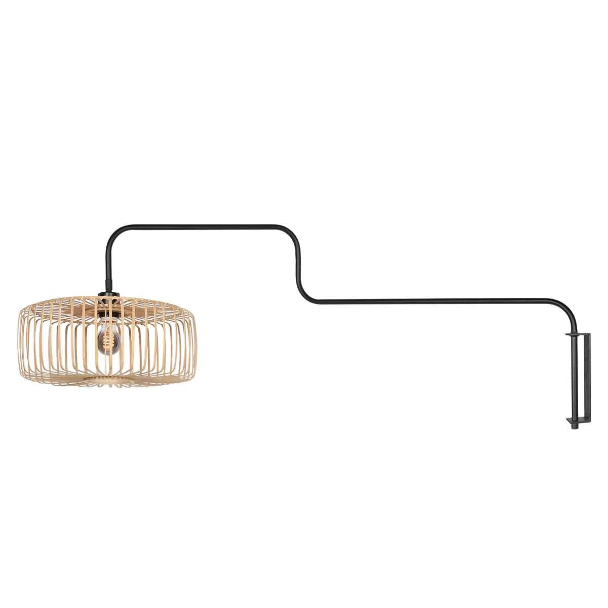 Applique murale en bambou et métal noir avec bras pivotant, dimension Ø30 cm