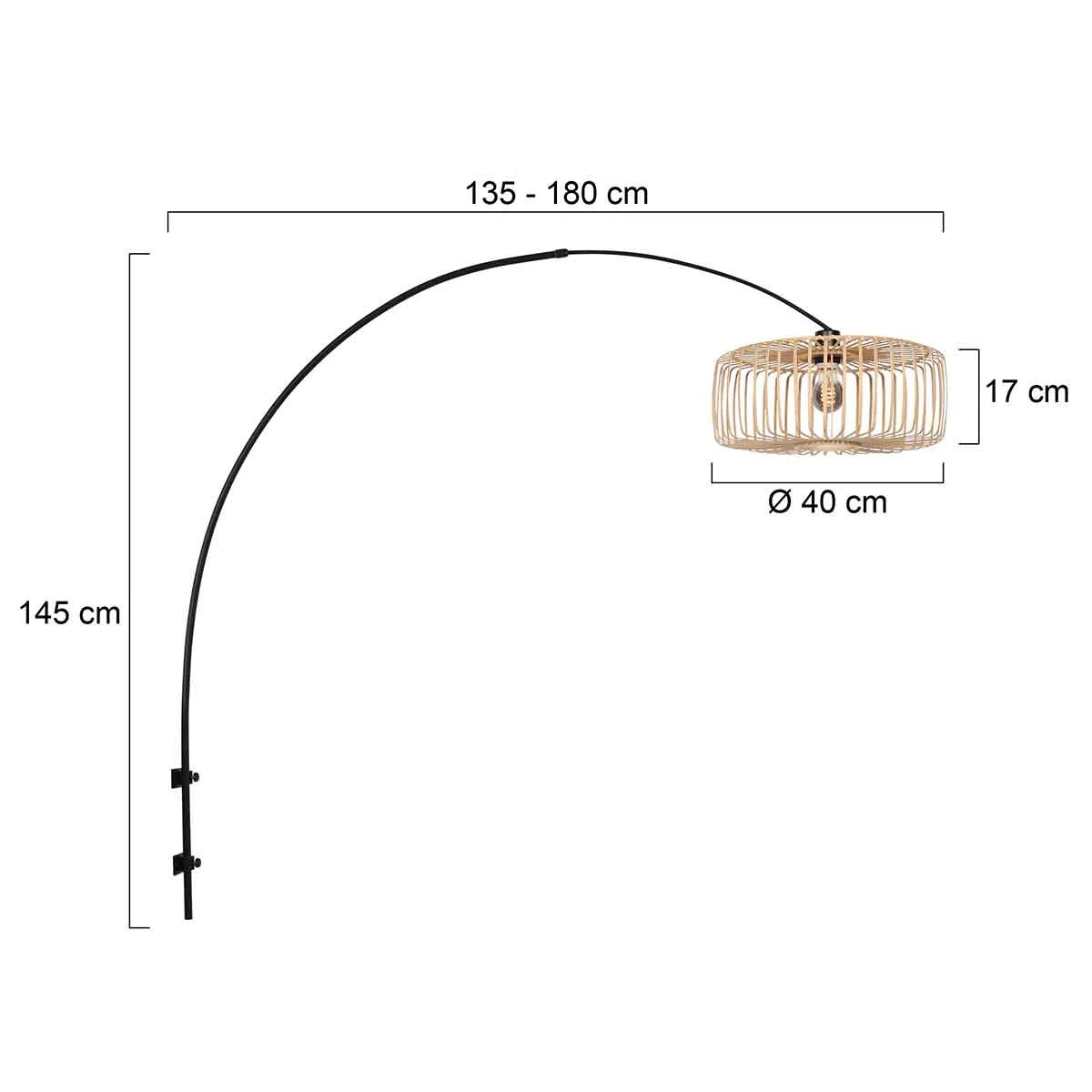 Lampadaire arqué en bambou naturel et métal noir avec dimensions illustrées
