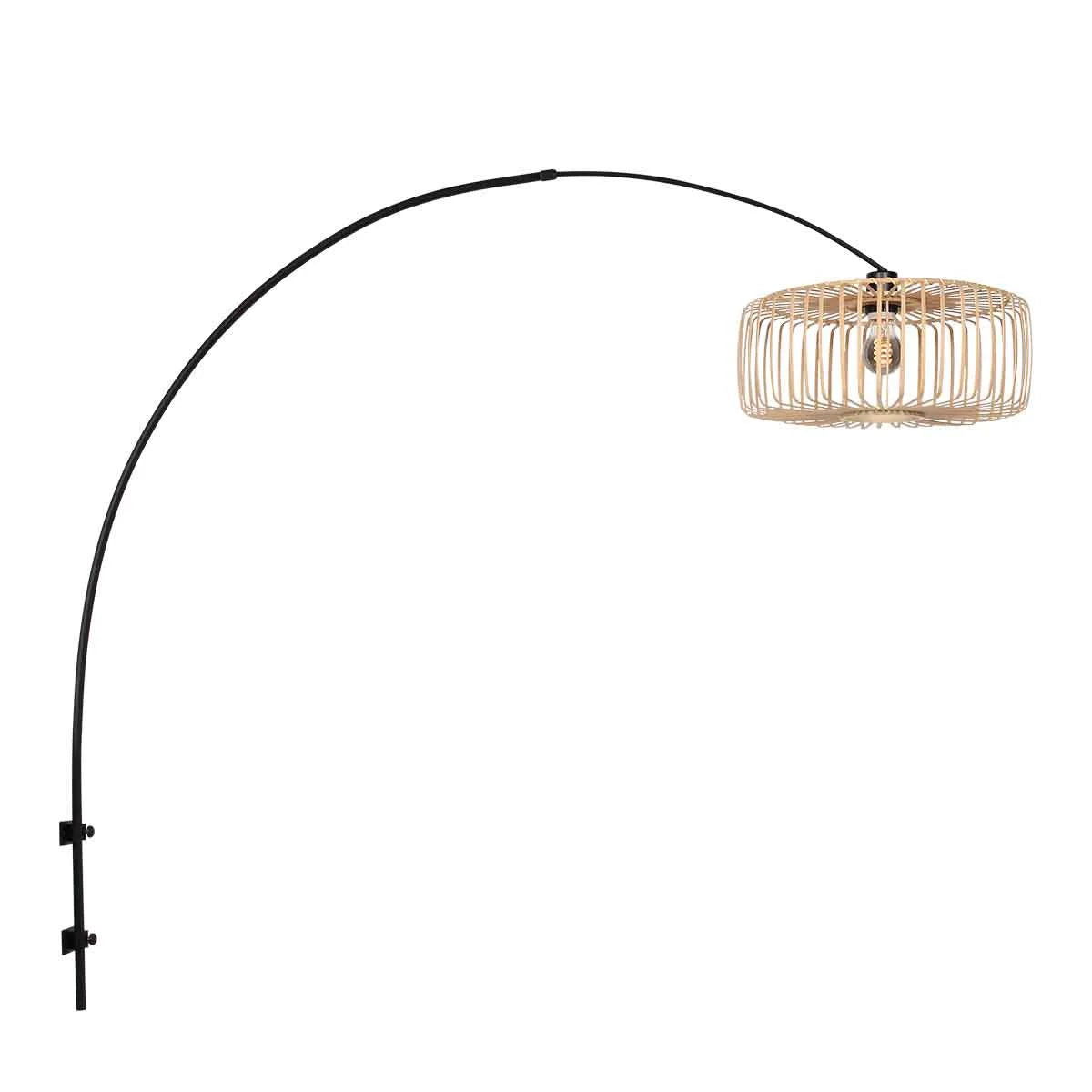 Lampadaire arqué avec abat-jour en rotin naturel et métal noir, diamètre 40cm