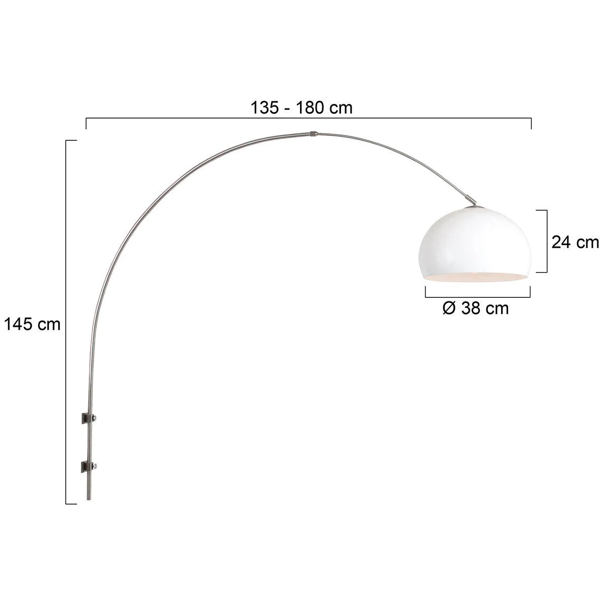 Applique murale blanc mat en métal avec bras courbé et abat-jour demi-sphère, dimensions
