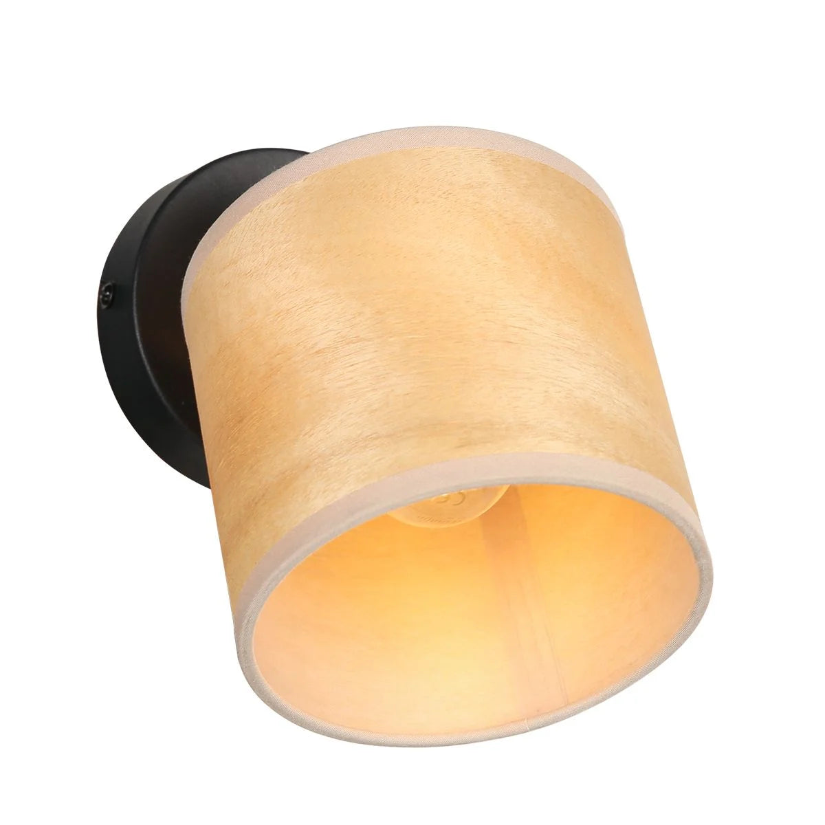 Applique murale en bois clair et métal noir orientable avec abat-jour en tissu lumineux