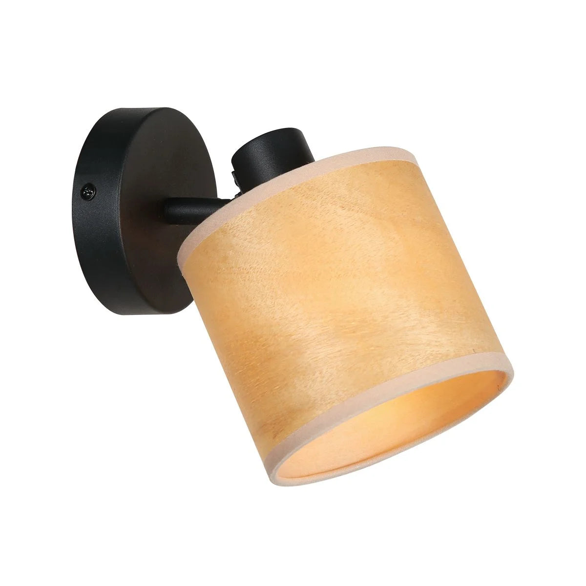 Applique murale en bois clair et métal noir orientable avec abat-jour en tissu brun