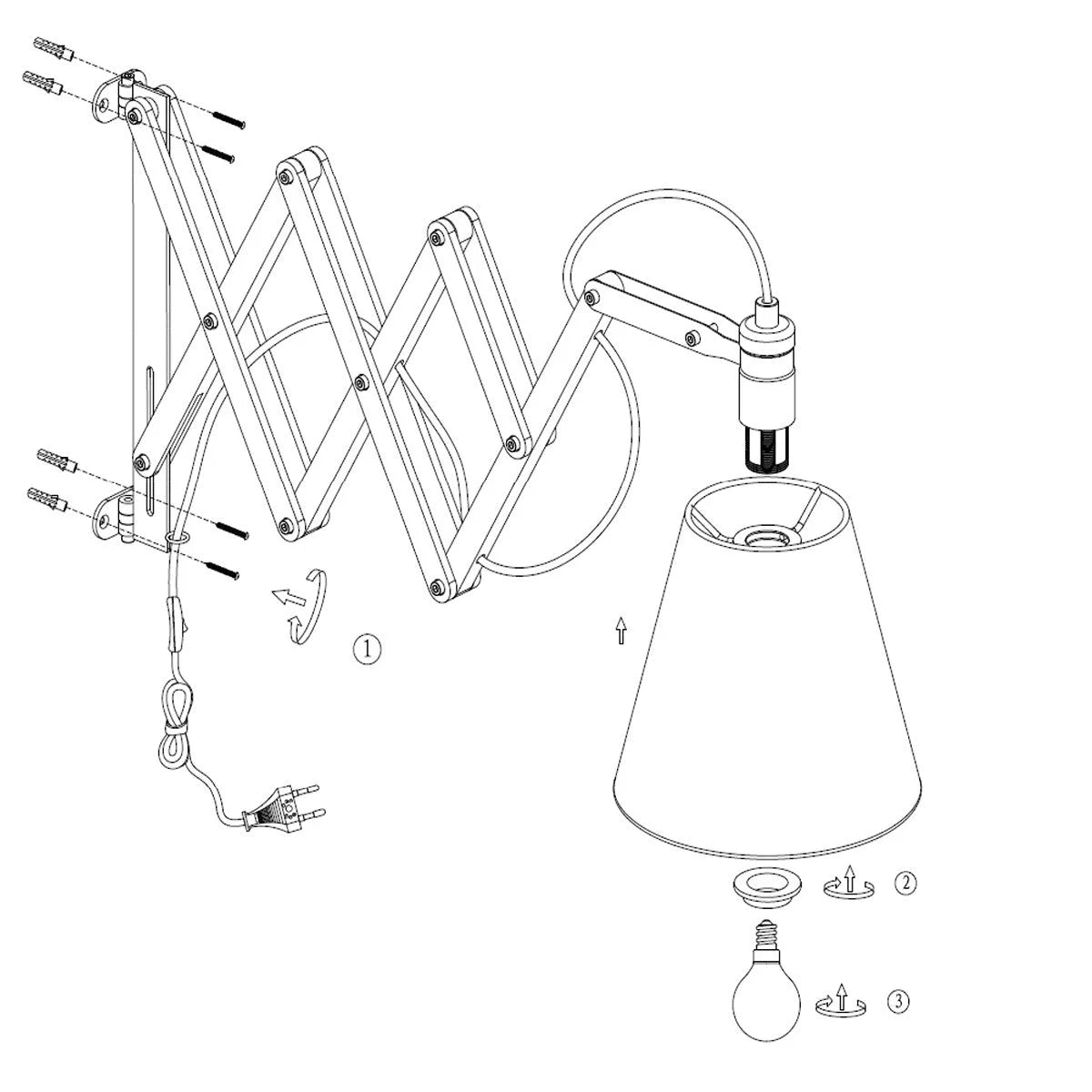 Diagramme explosé d une applique murale en bois extensible avec abat-jour blanc crème